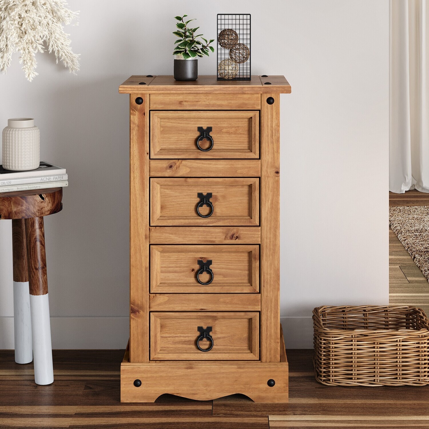Corona Narrow 4 Drawer Bedside Cabinet - Brown
