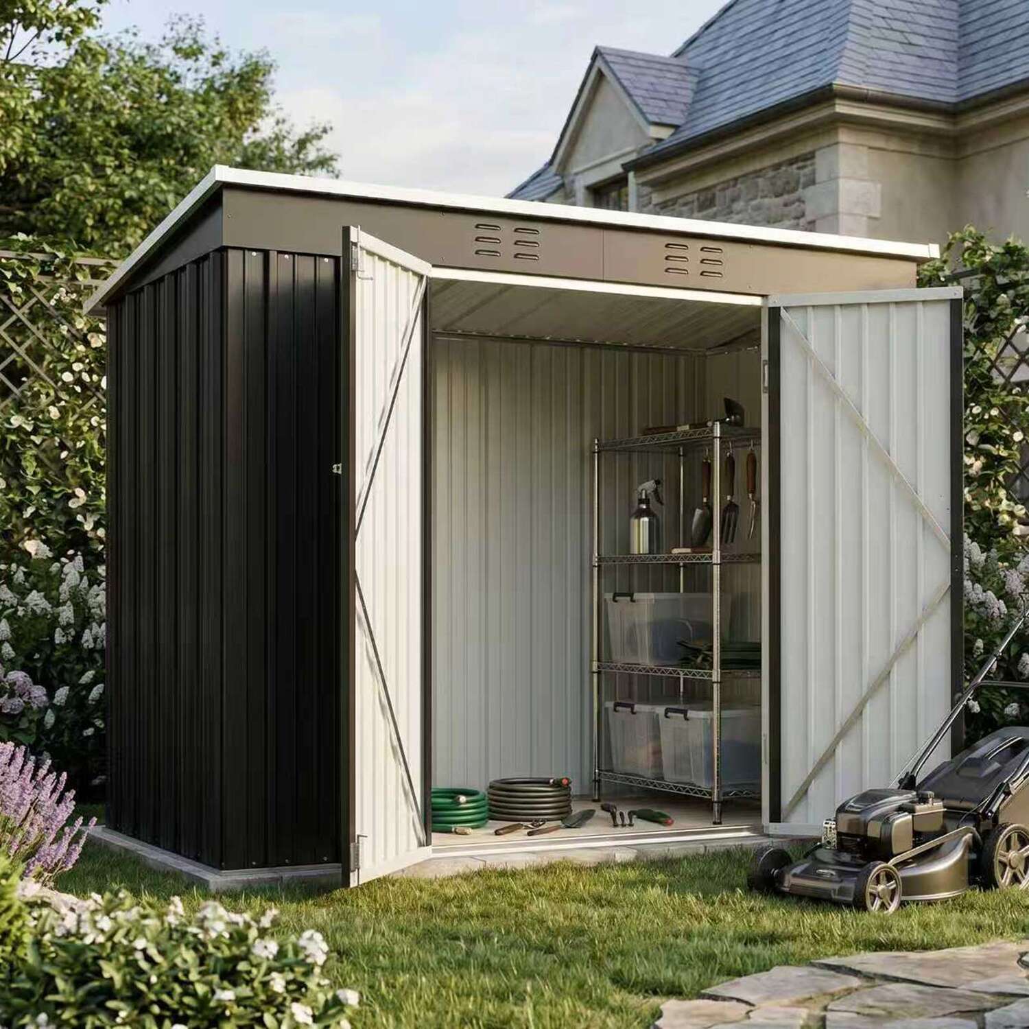 Birchtree Metal Garden Shed With Free Foundation - Anthracite & White / 4Ft X 8Ft