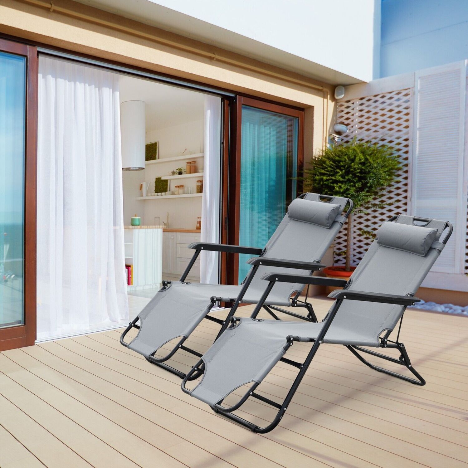 Set Of 2 Reclining Sun Loungers - Black