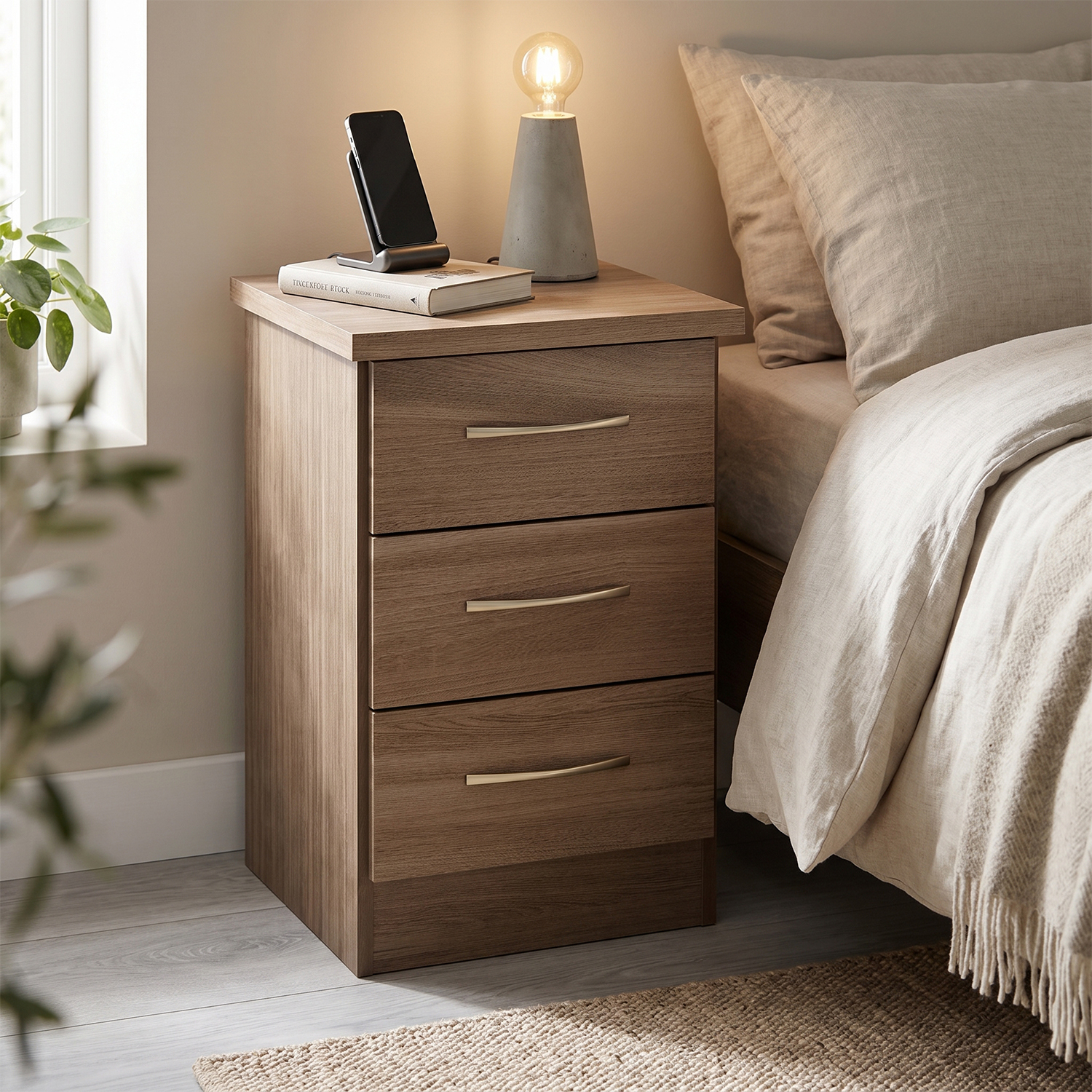Seconique Nevada 3 Drawer Bedside - Rustic Oak