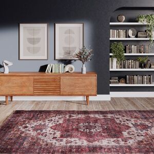 Machine Washable Soft Pile Ruby Red Border Pattern Vintage Living Room Area Rug