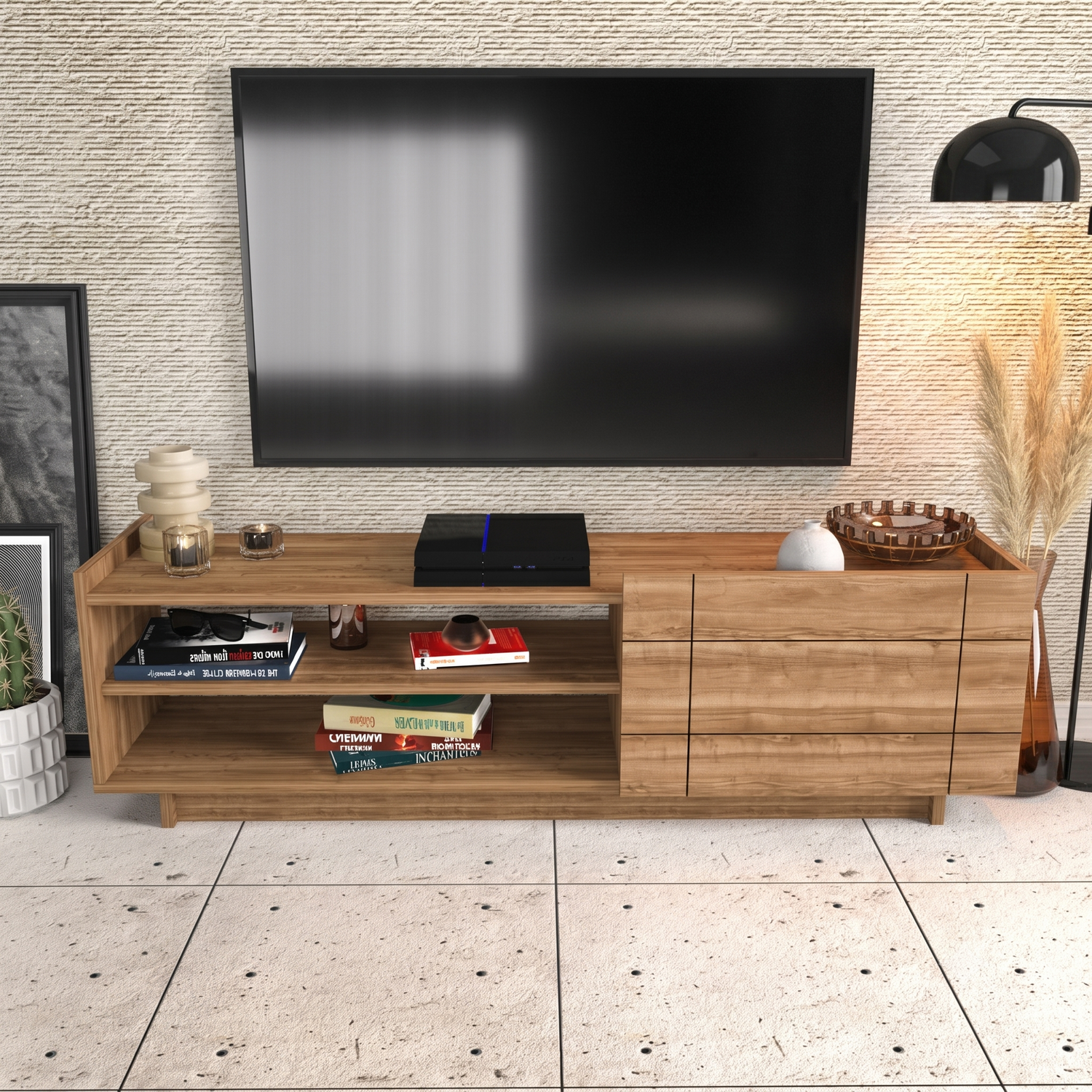 Decorotika Valantina Tv Unit Tv Stand With Shelves - Walnut