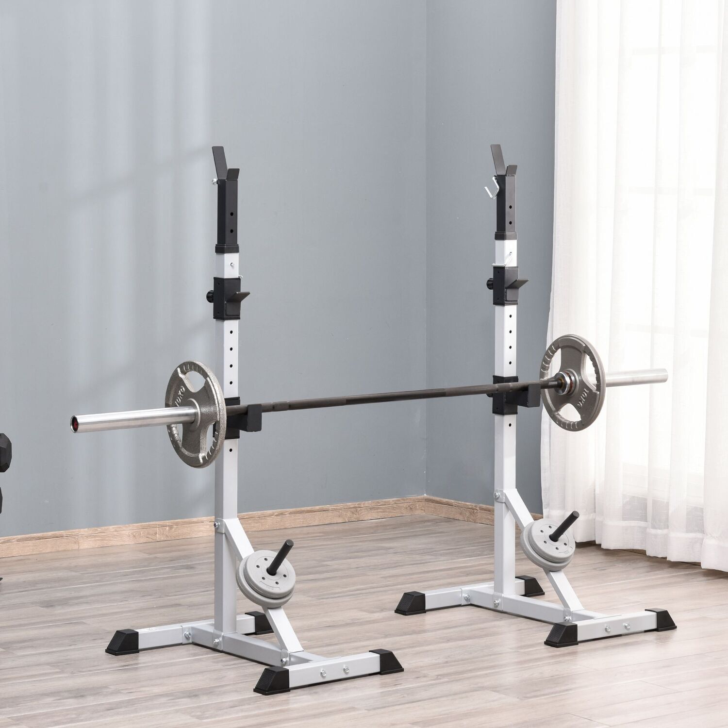 HOMCOM Weights Bar Barbell Rack Squat Stand - Silver and black