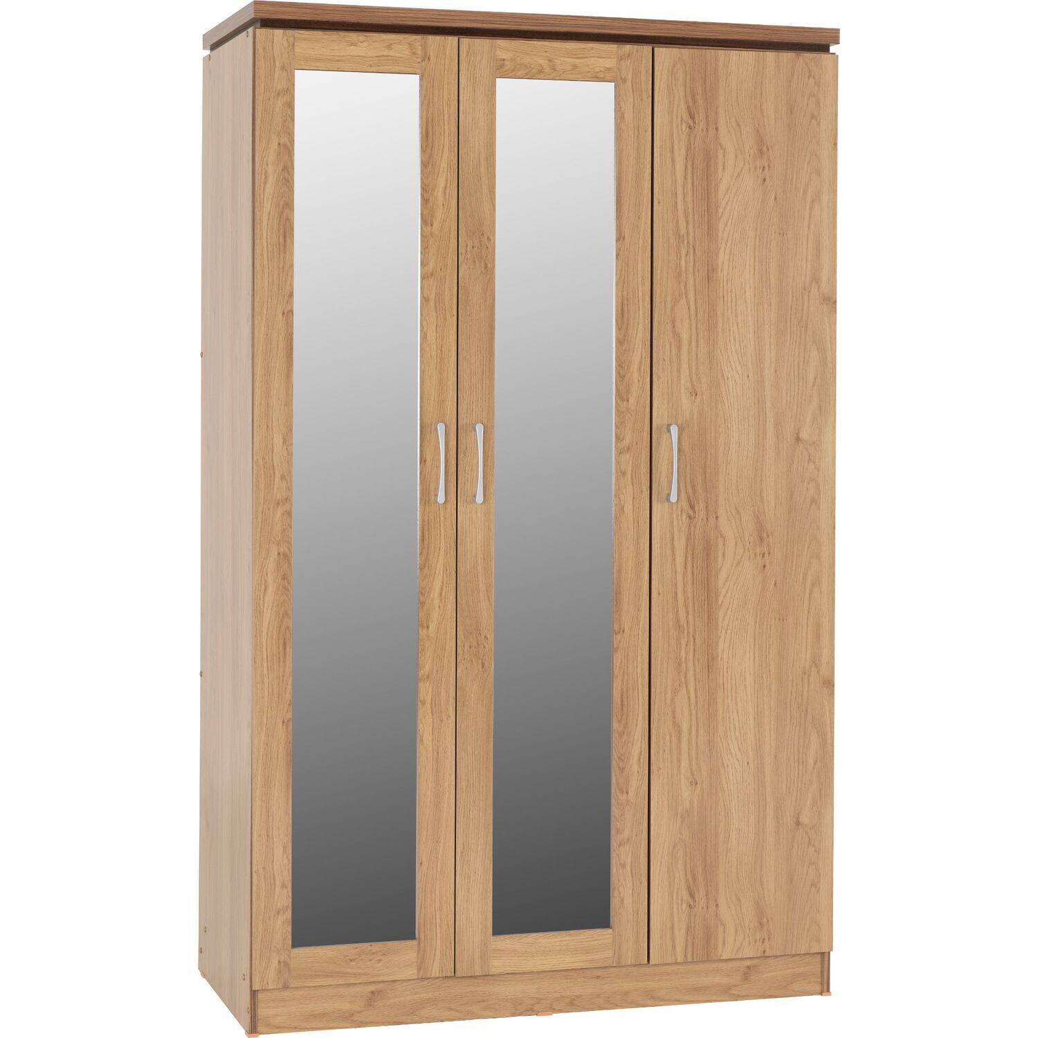 Seconique Charles 3 Door All Hanging Mirrored Wardrobe Oak Effect Veneer With Walnut Trim - Oak Effect Veneer