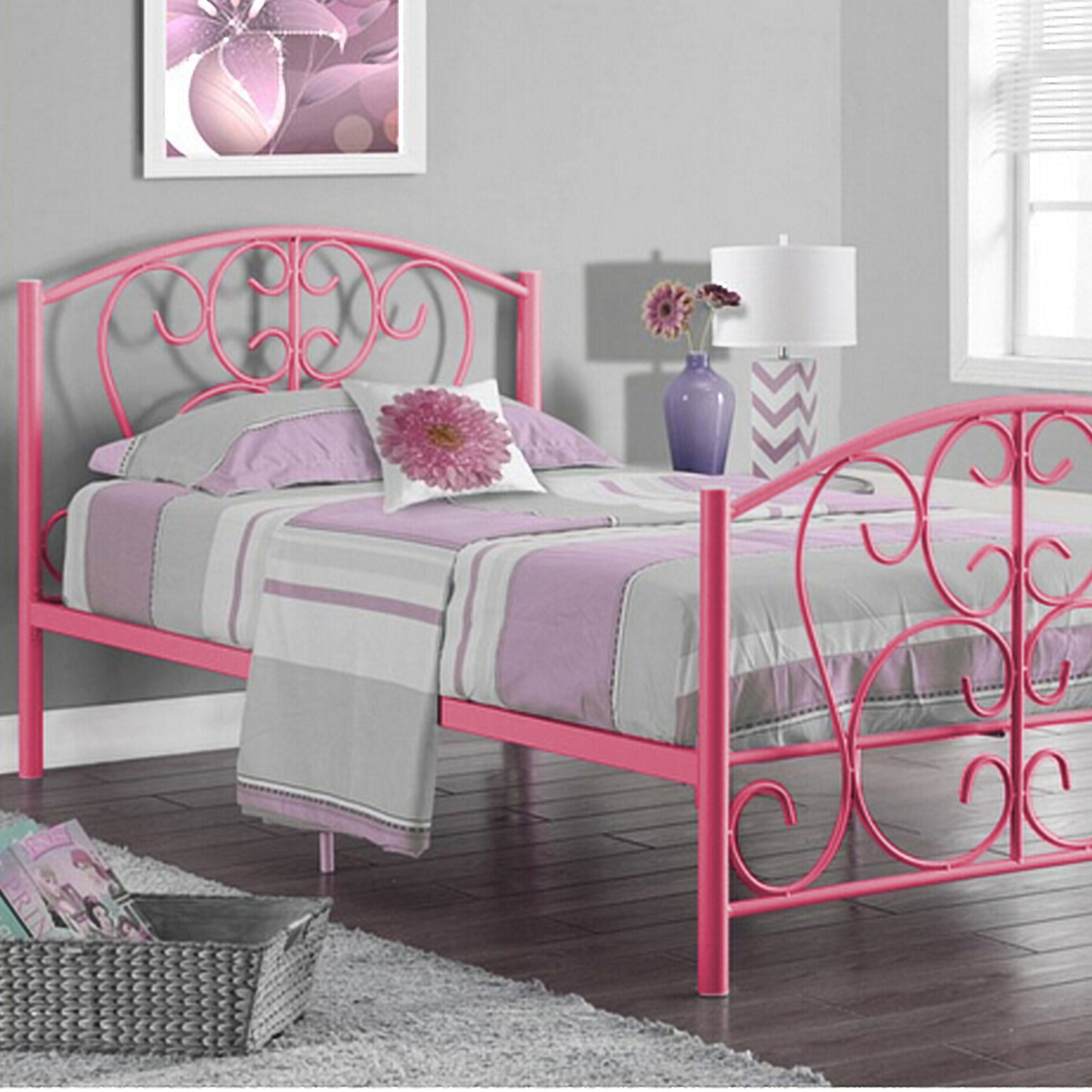 3ft Pink Metal Scroll Effect Bed Frame - Pink