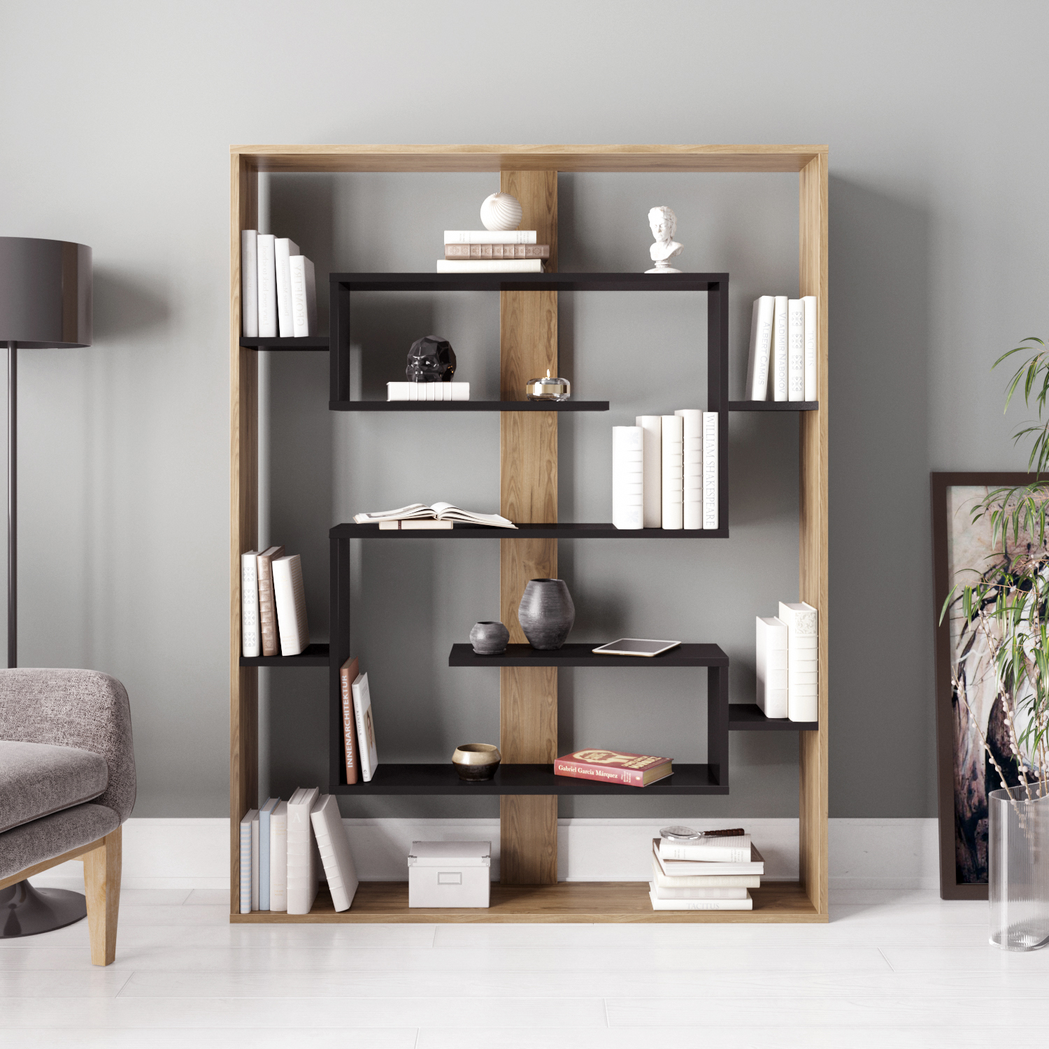 Esteban 6-Tier Bookshelf - Oud Oak Pattern and Black