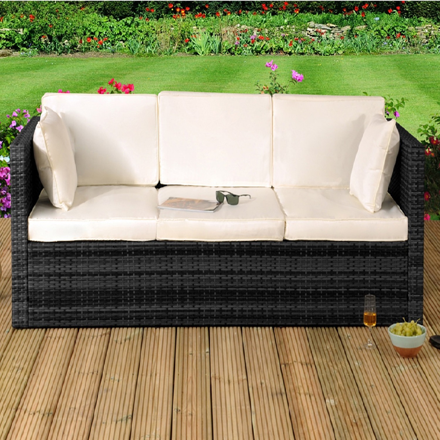 Rattan Sun Lounger Storage Sofa - Black