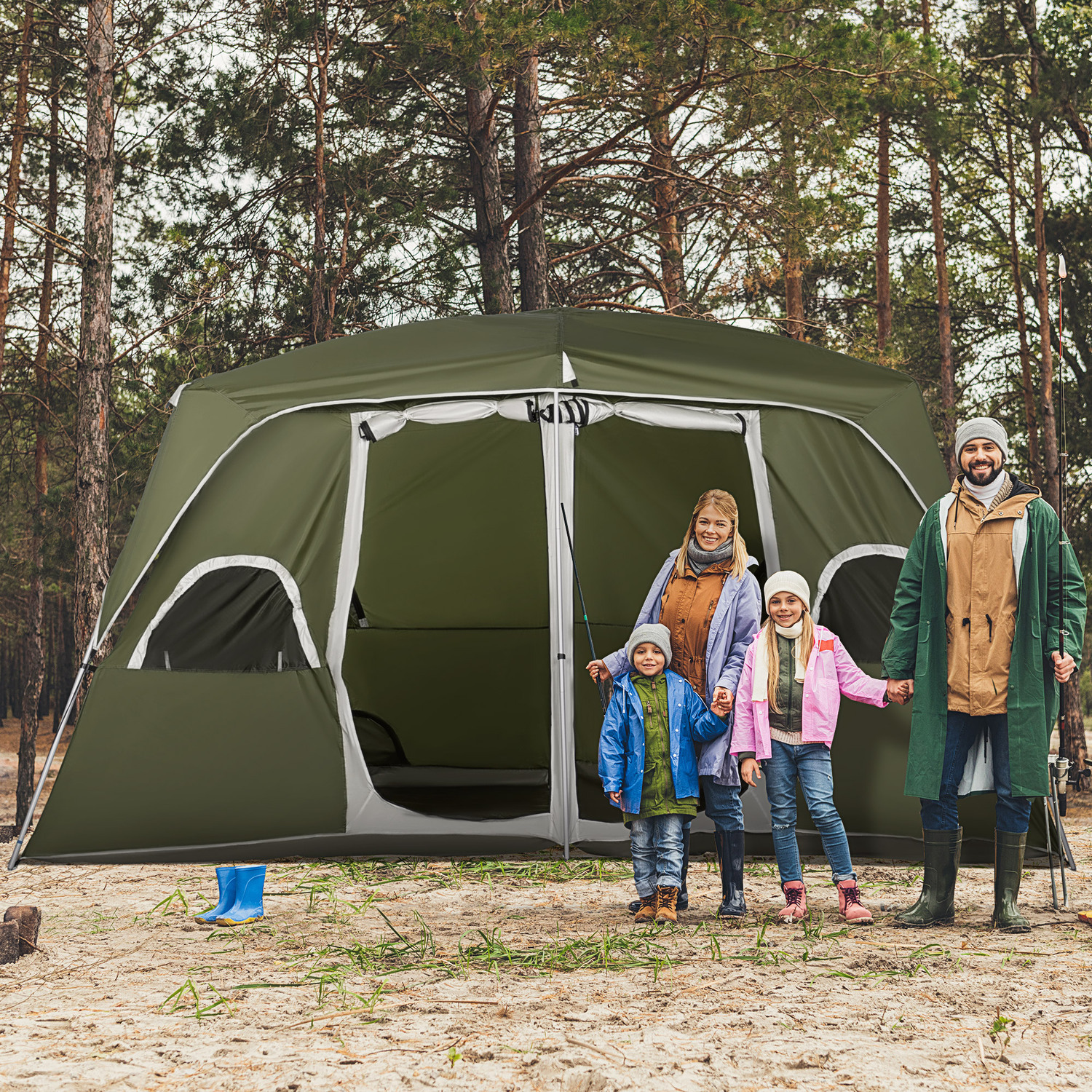 Outsunny Camping Tent Family Tent 4-8 Person 2 Room - Green