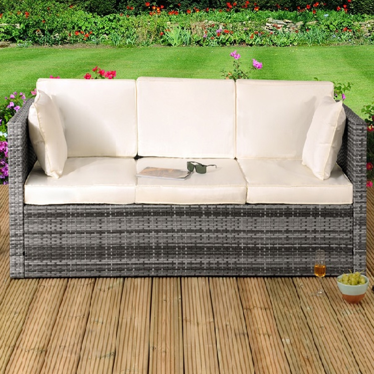 Rattan Sun Lounger Storage Sofa - Grey