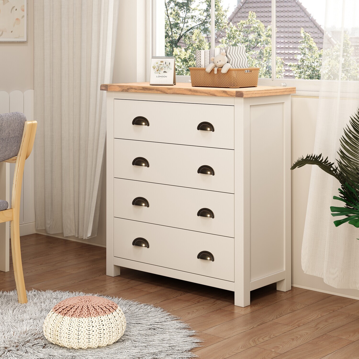 Lovere 4 Drawer Chest - Satin Chrome Handles - White / Antique Brass / MDF, Pine, Plywood