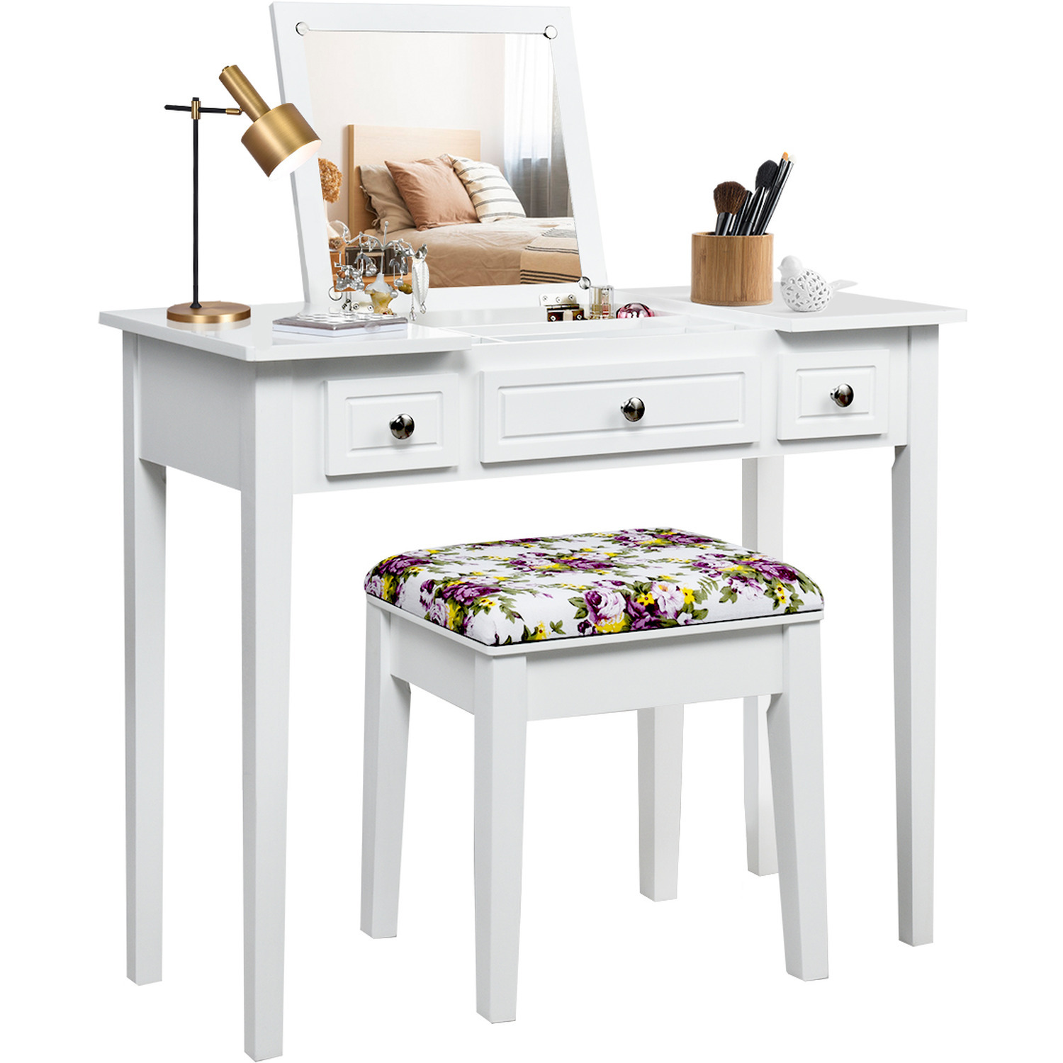 Dressing Vanity Table Stool Set With Mirror - White