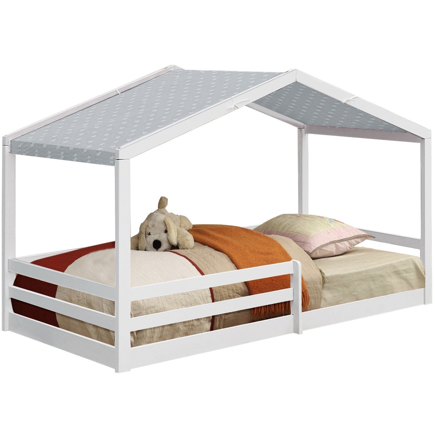 3ft Single Wooden House Style Bed With Tent Option - White Grey Tent