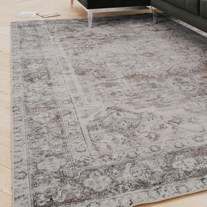 Machine Washable Soft Pile Distressed Grey Traditional Living Room Area Rug