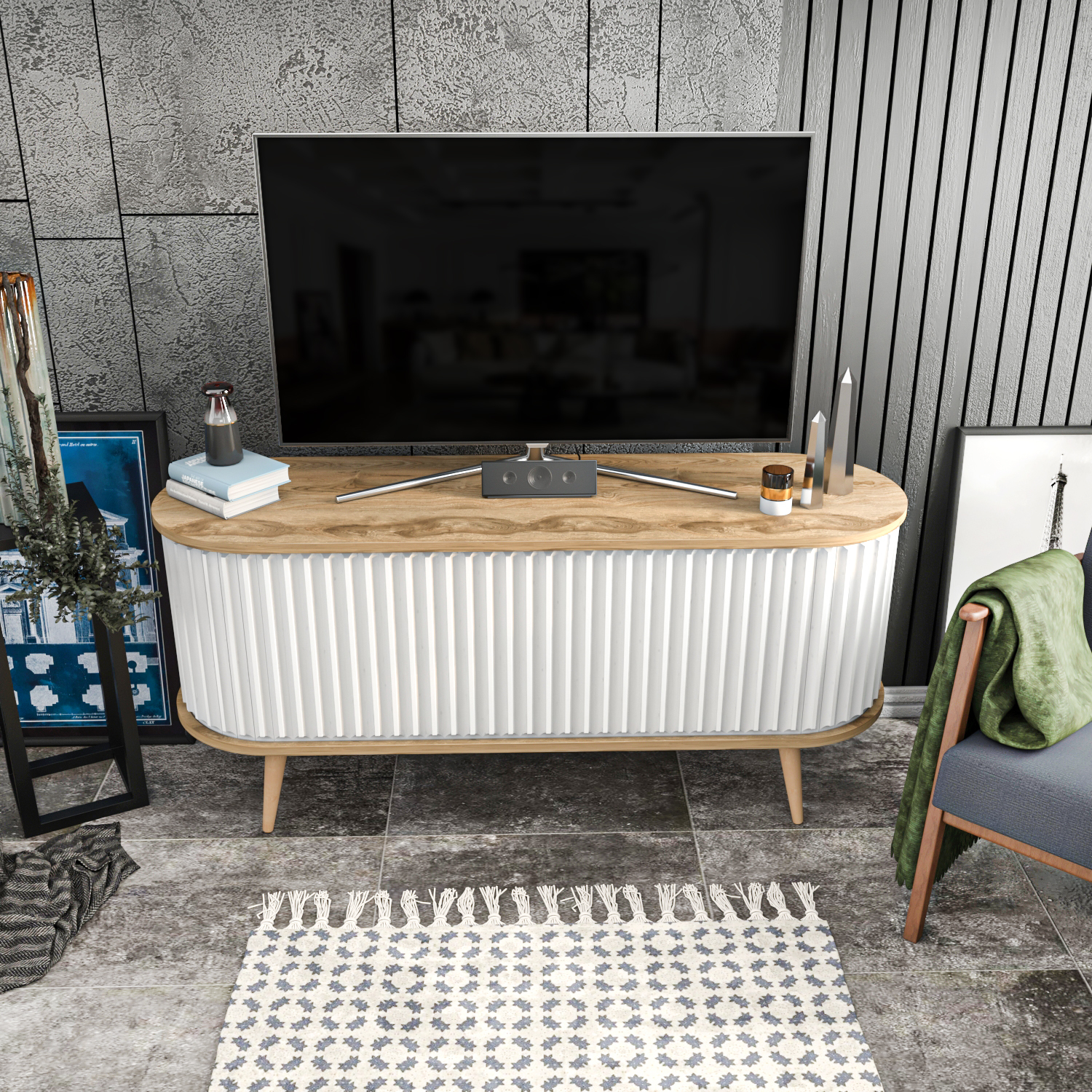 Store TV Unit - Oud Oak and White