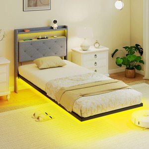 HOMCOM Floating Bed Frame with RGB Lights Upholstered Bed Grey