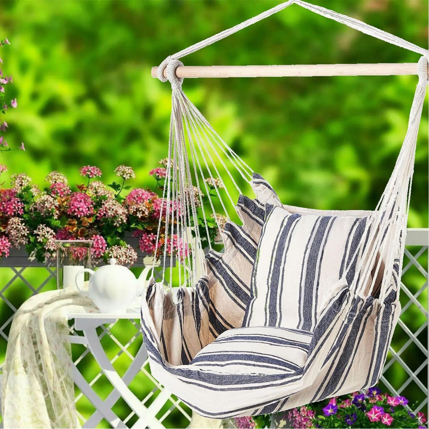 Hammock Hanging Rope Chair Swing Seat With Pillows Cushion - Blue And White