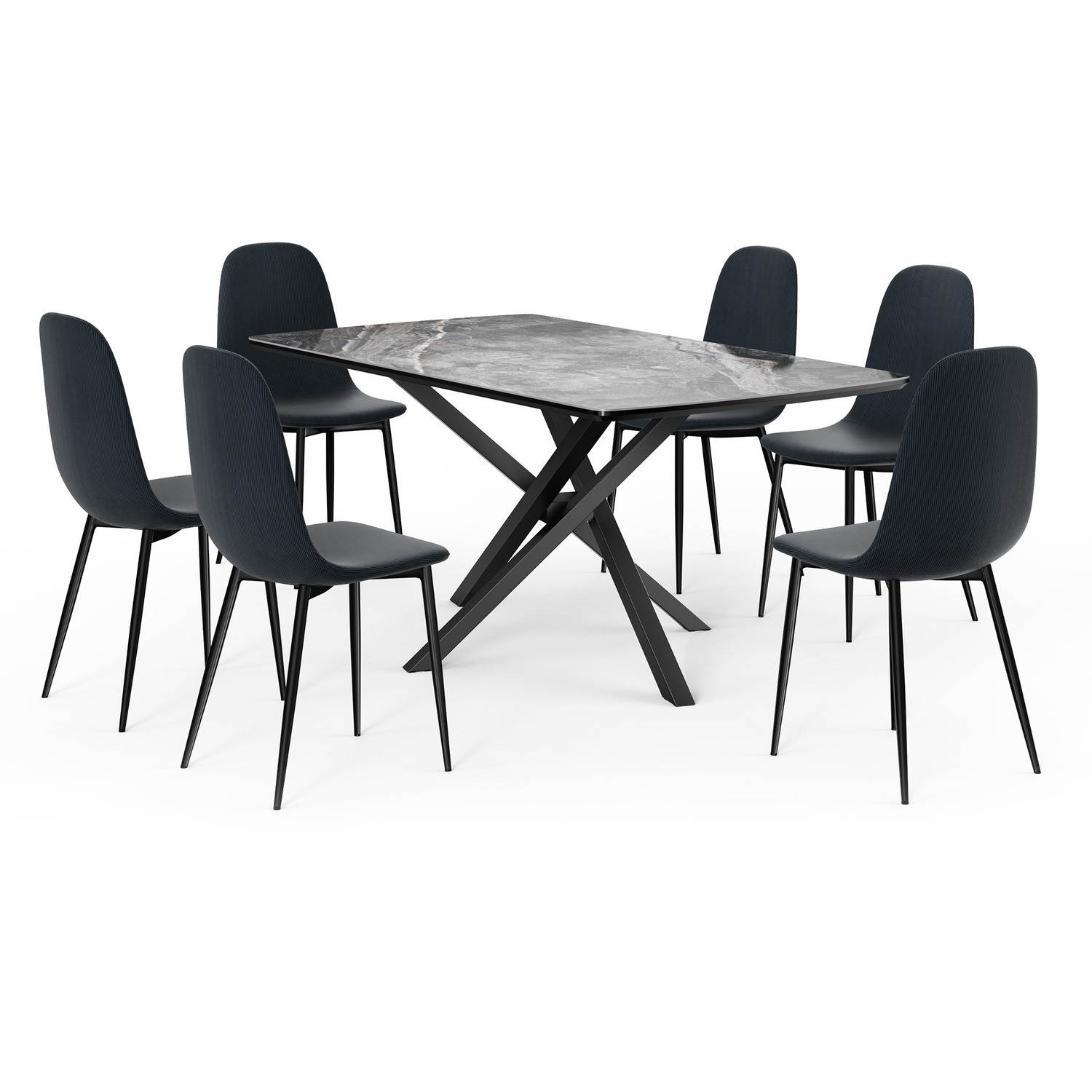 Marble Effect Dining Table With 6 Cord Effect Dining Chairs - Black Charcoal Blue