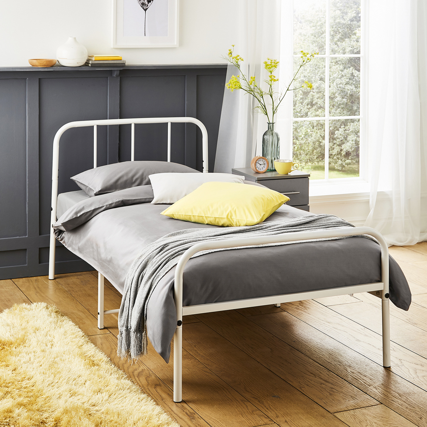 Single Extra Strong Metal Bed Frame With Rounded Head In White - White