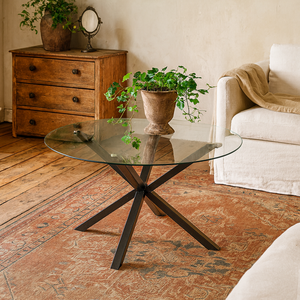 Saignon Round Glass Dining Table with Cross Leg Metal Base