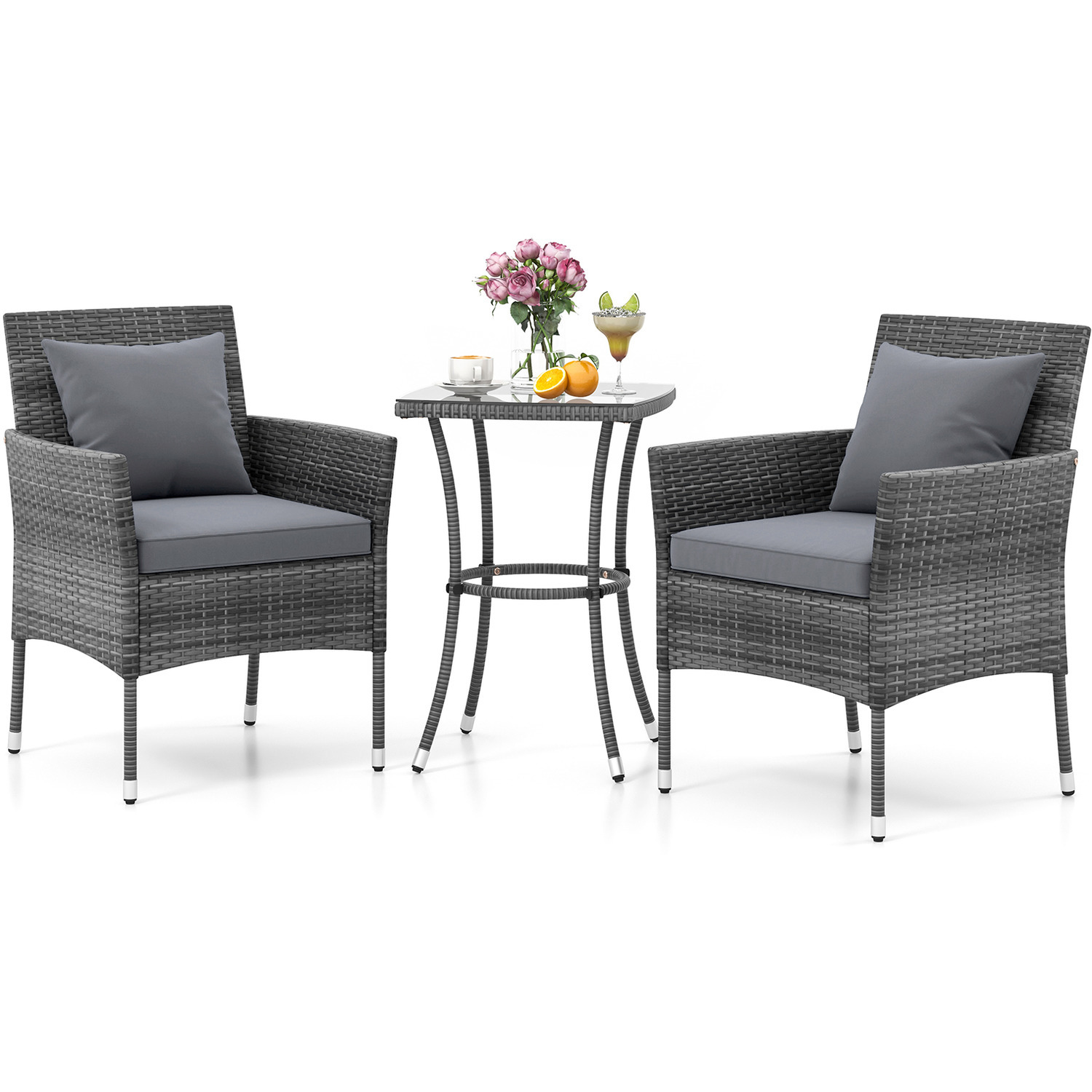 3-Piece PE Wicker Conversation Bistro Set - Grey