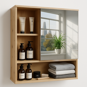 Wooden Bathroom Wall Storage Cabinet Organiser With Mirror