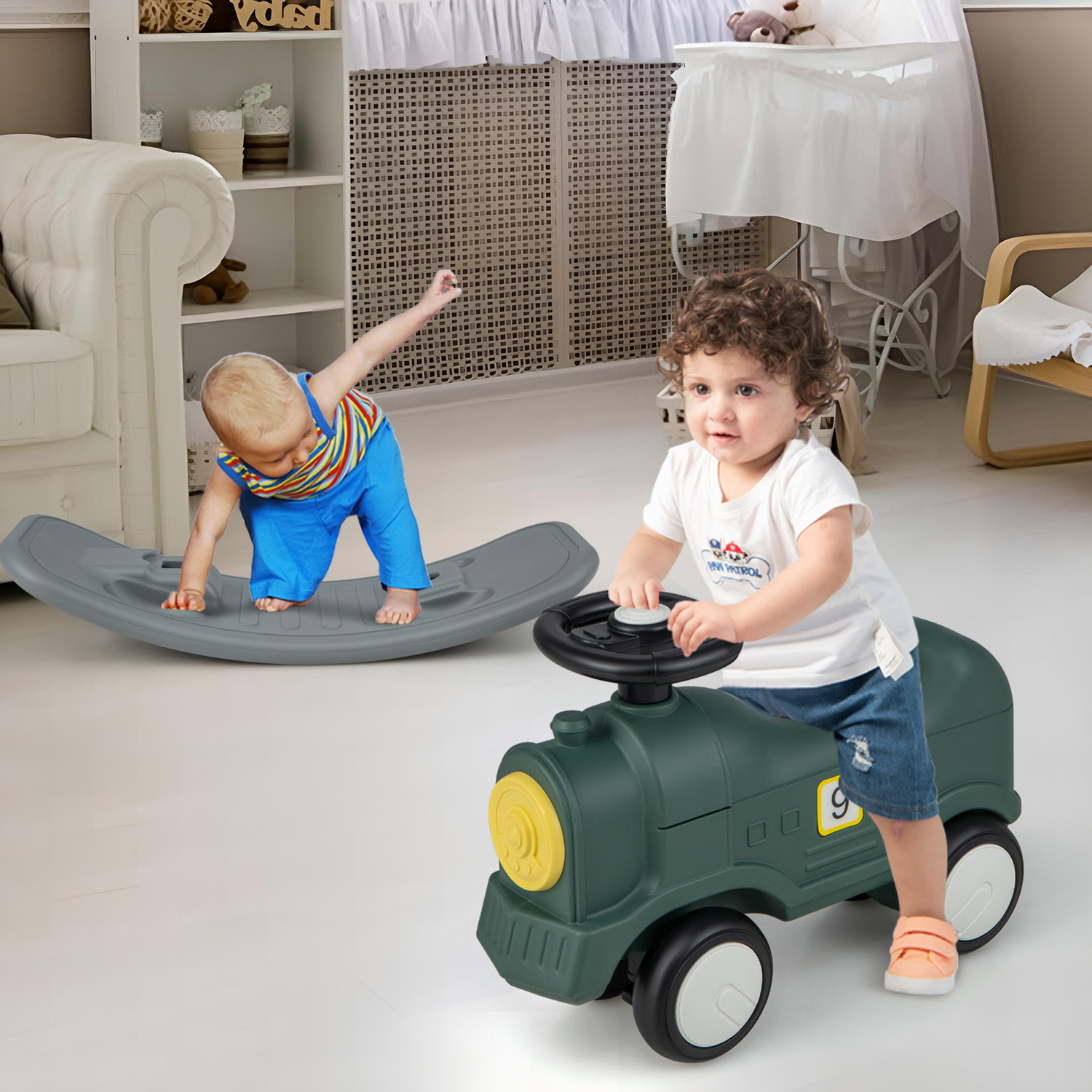 3-in-1 Kids Rocking Horse Balance Board Ride On Toy - Green