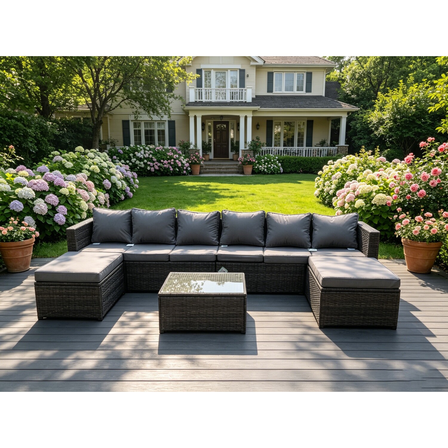 Fimous 8 Seater Wicker Rattan Lounge Sofa Footstool And Table 2 Footstools - Dark Grey Mixed