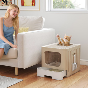 PawHut Foldable Cat Litter Tray with Slide-Out Drawer Tray