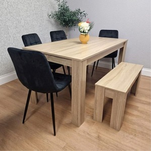 Oak Wooden Table With 4 Tufted Velvet Black Chair and 1 Bench Dining Set