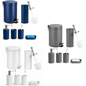 Bathroom Set 6 Piece - 3L Bin Toilet Brush Tumblers and Soap Dish