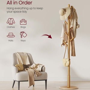 Coat Rack, Solid Wood, Free Standing Hall Coat Tree with 8 Hooks