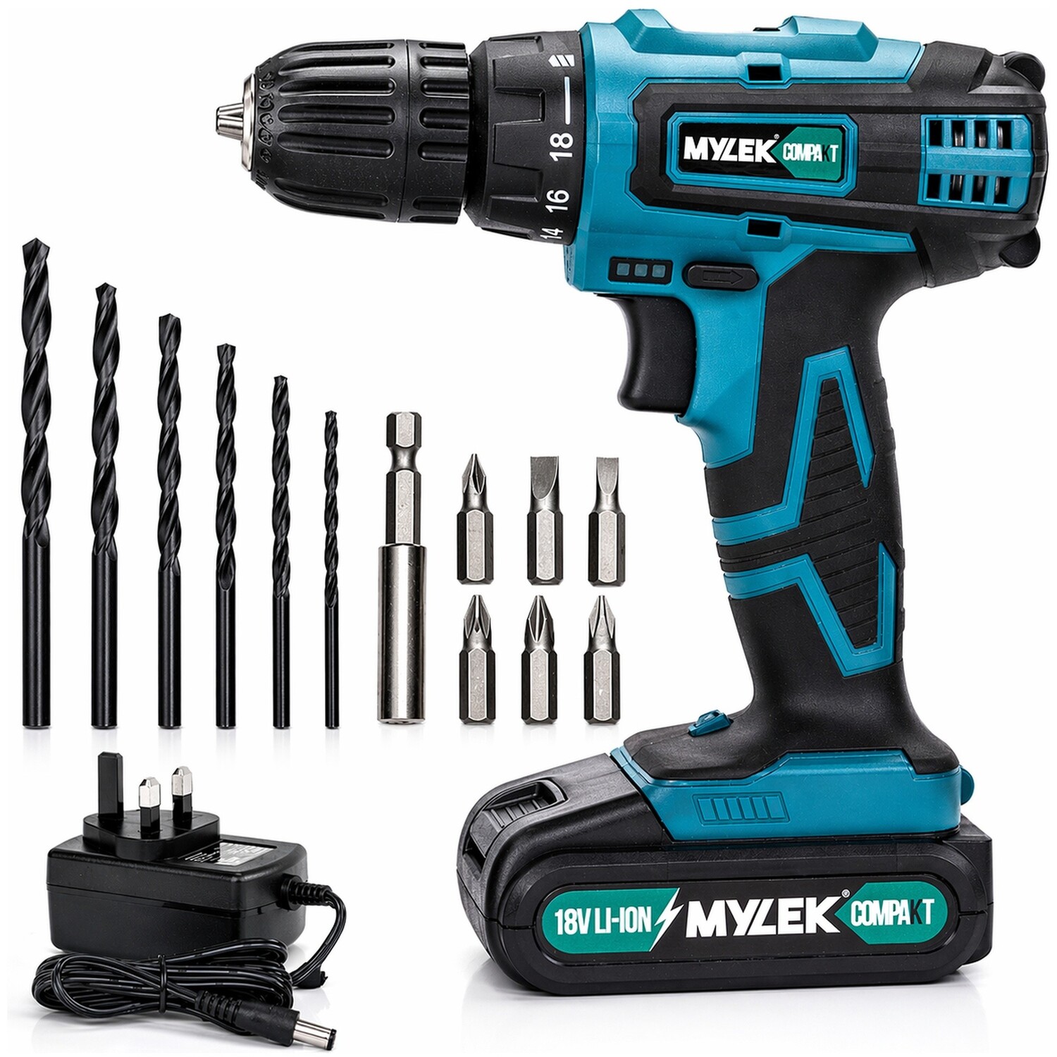 Mylek 18V Cordless Drill Li-Ion Screwdriver Set and 13 Piece Combi Accessory Kit - Blue/Black