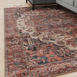 Machine Washable Soft Pile Terracotta Traditional Medallion Living Room Area Rug