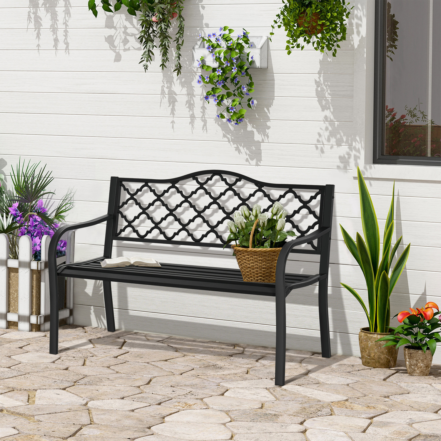 Outsunny 2-Seater Outdoor Garden Bench Antique Park Loveseat Chair - Black