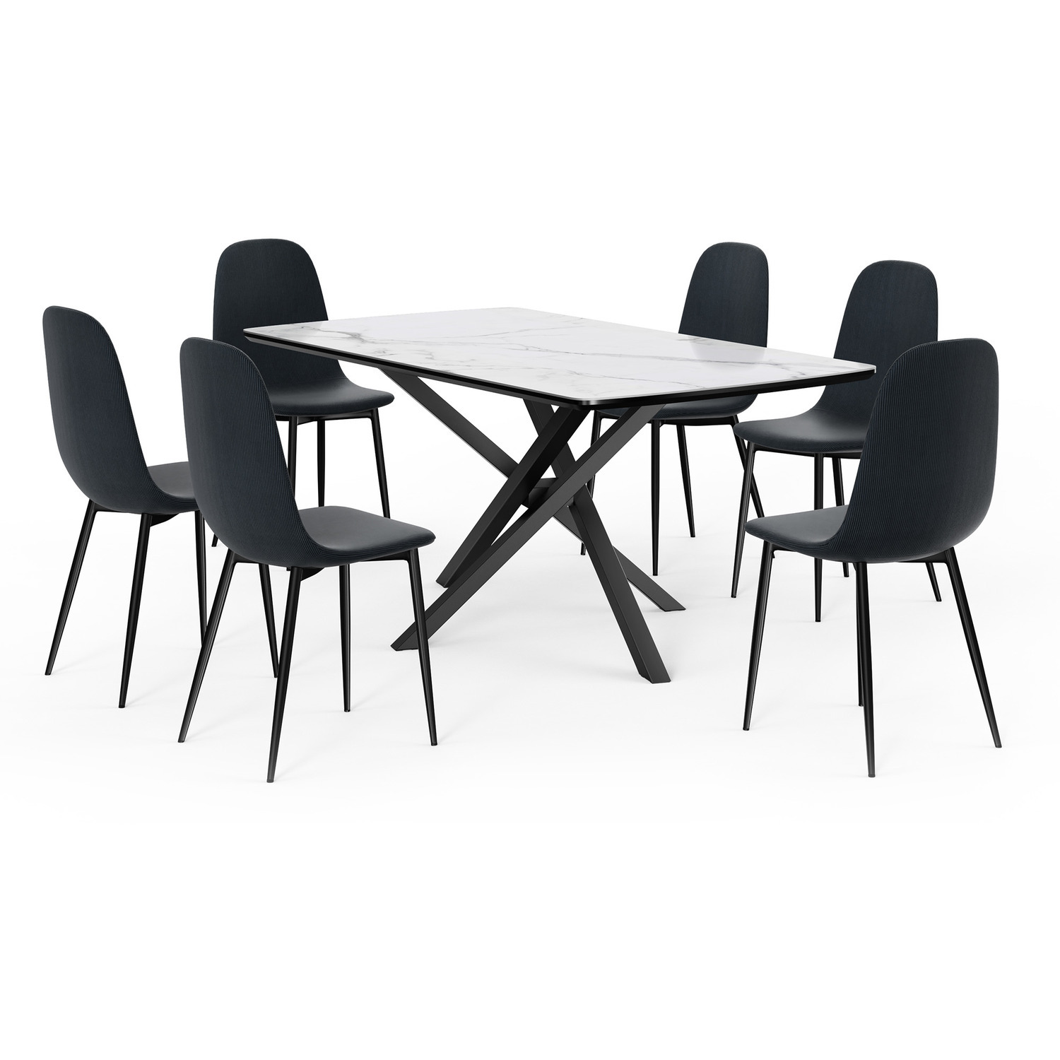 Marble Effect Ceramic Dining Table With 6 Dining Chairs Set - White Blue
