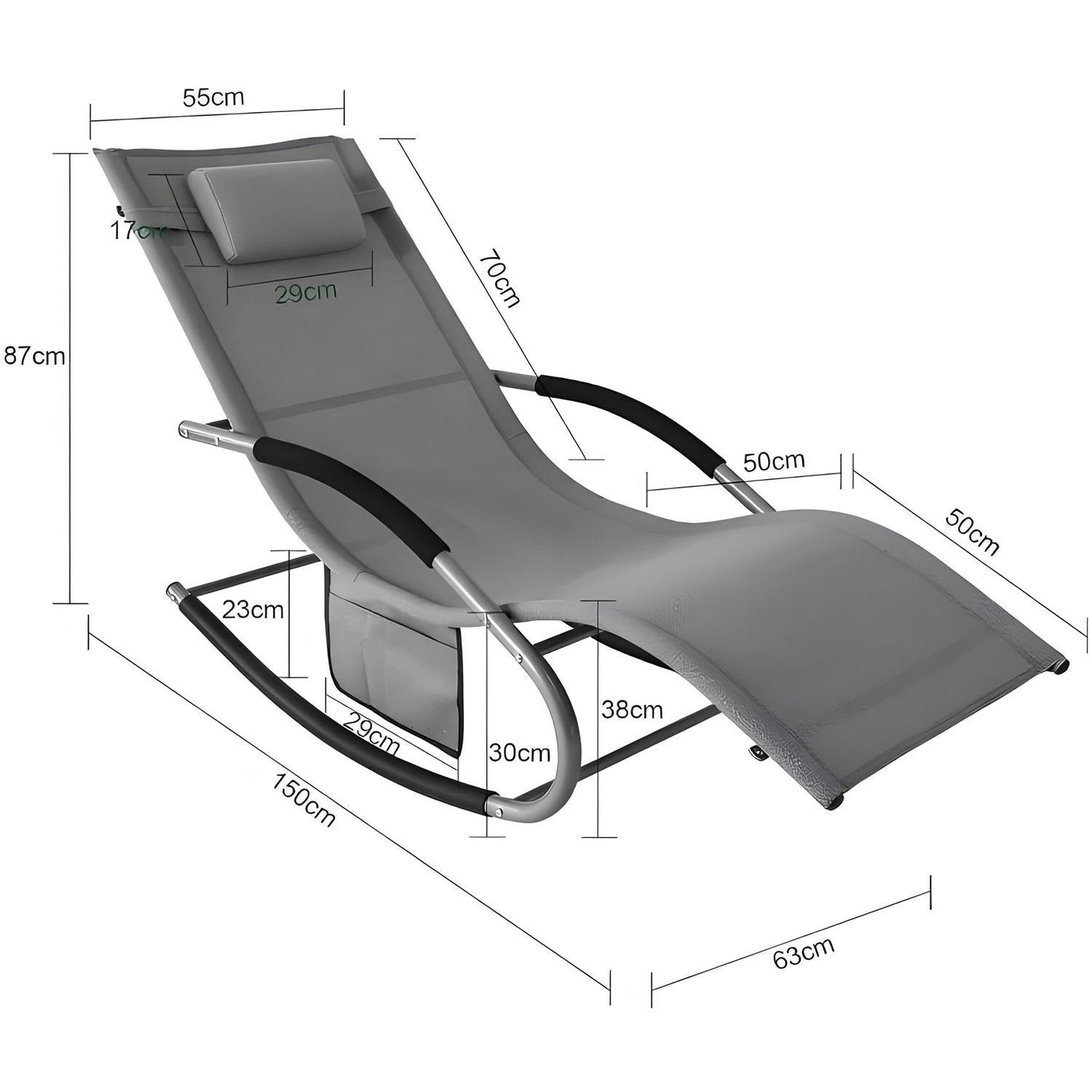 Sun Lounger Garden Rocking Chair With Pillow Headrest - Grey