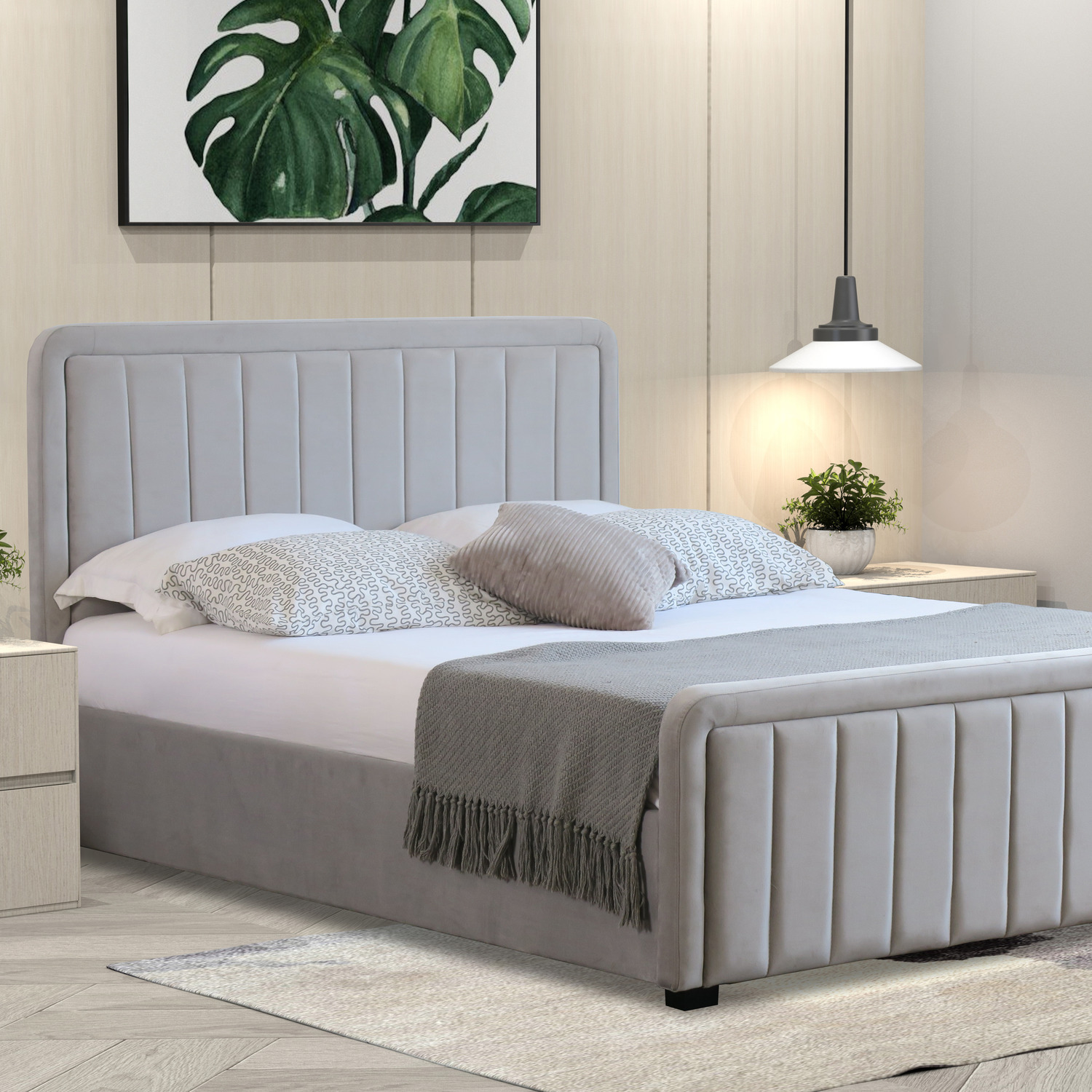 Brushed Velvet Ottoman Bed Frame - Light Grey Double