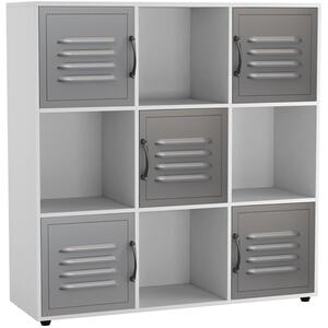 9-Cube Shelving Unit With Industrial Style Metal Doors - Grey