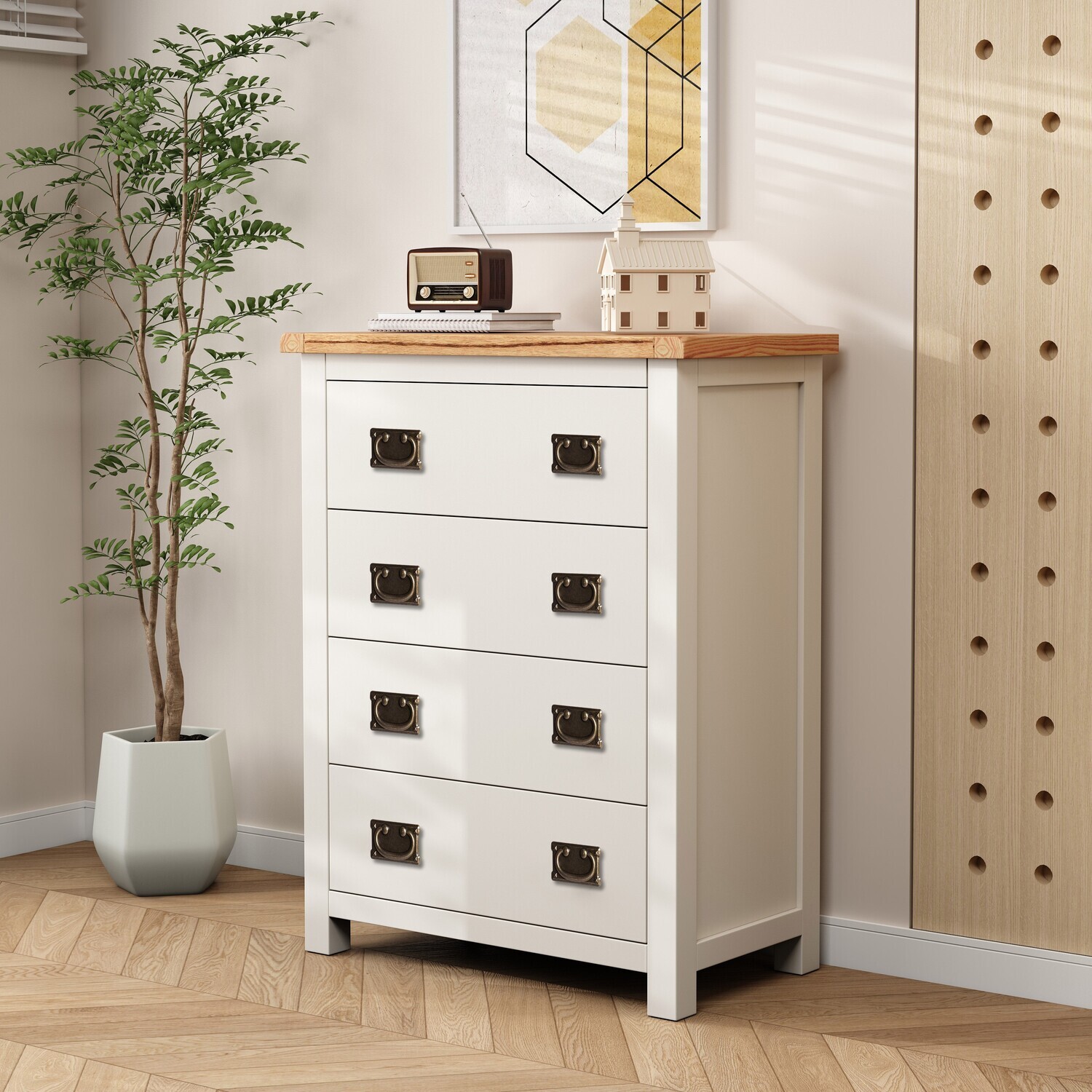 Lovere 4 Drawer Chest Petite - White / Antique Brass Drop / MDF, Pine, Plywood