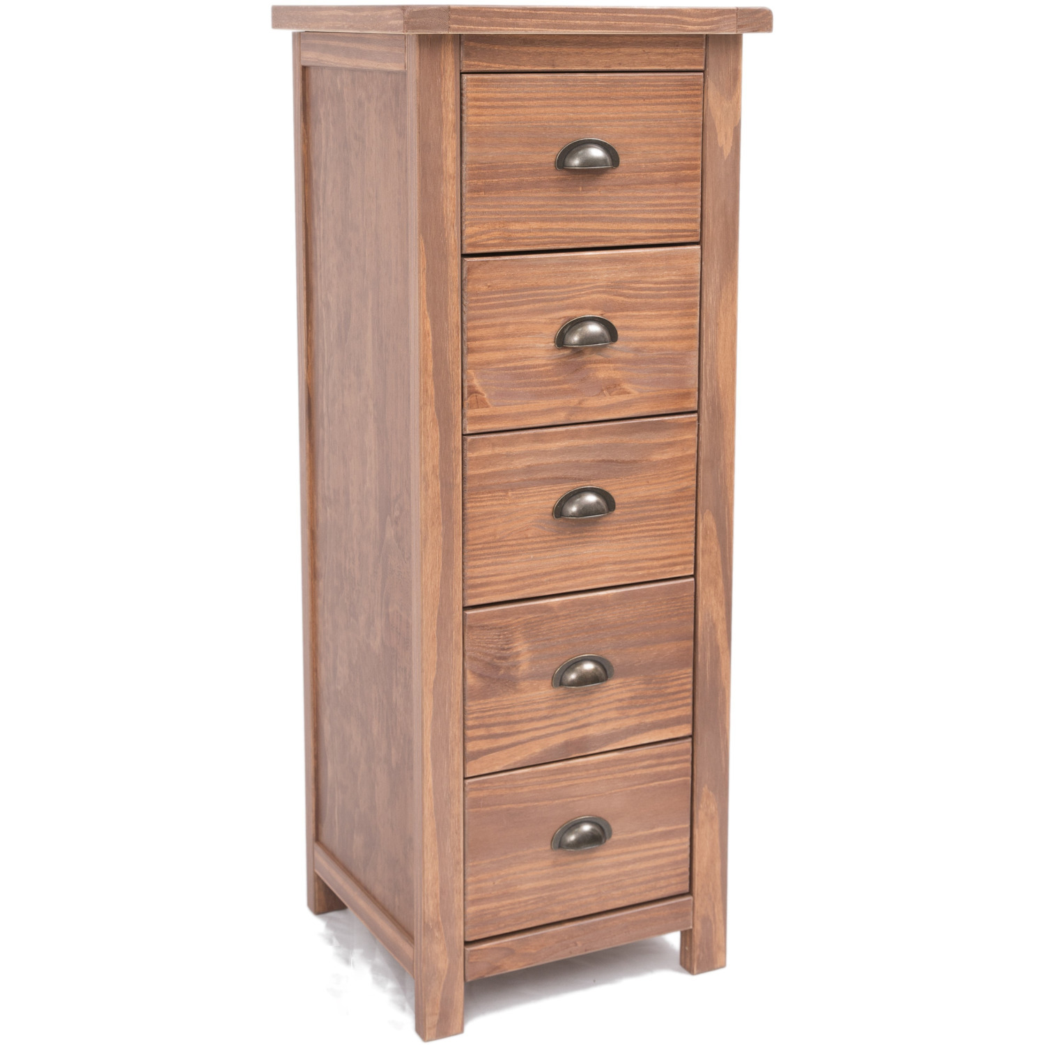 Padua 5 Drawer Narrow Chest - Antique Brass drop Handle - Brown / Antique Brass Cup