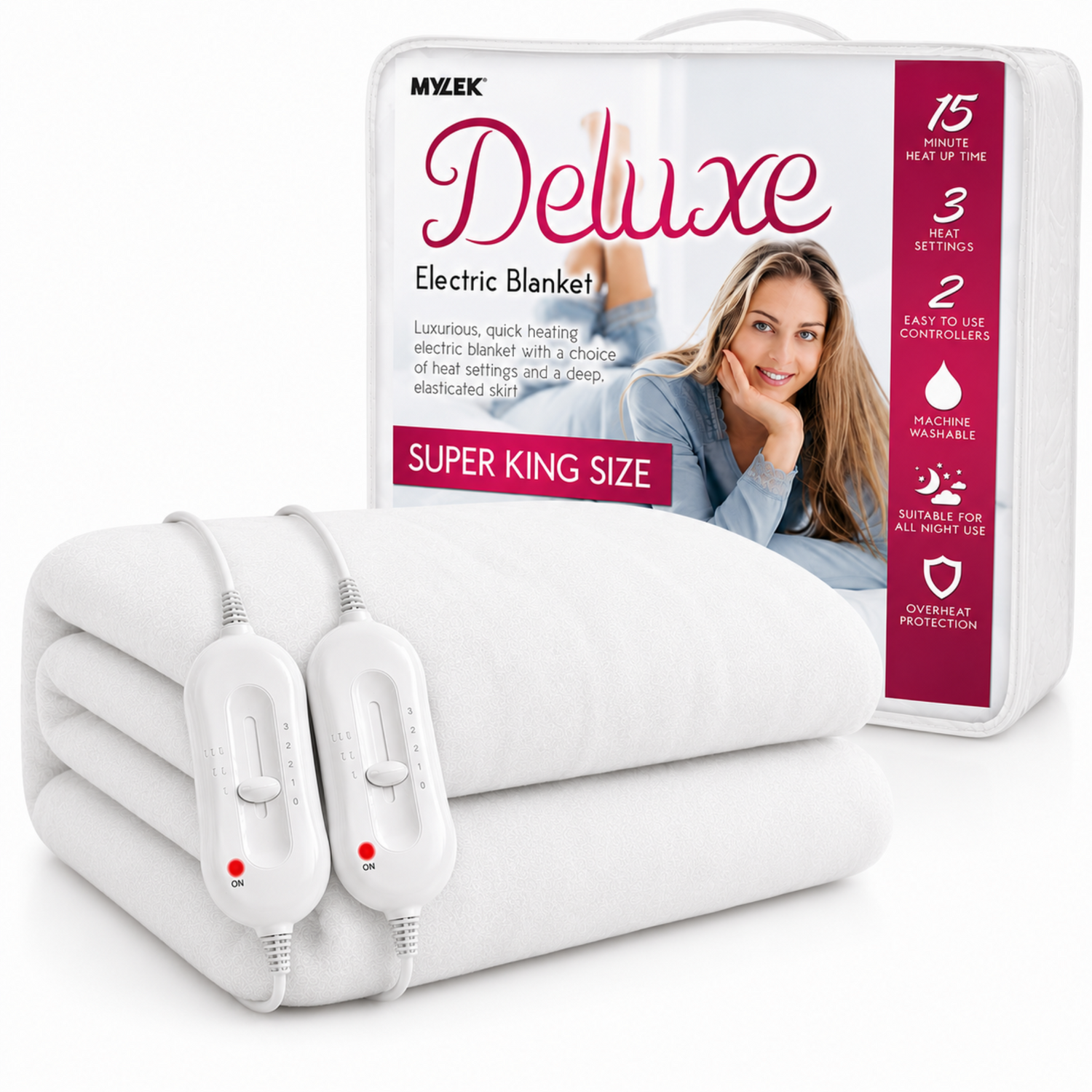 Mylek Electric Blanket Heated Mattress Cover Underblanket With Elasticated Skirt - White / Superking