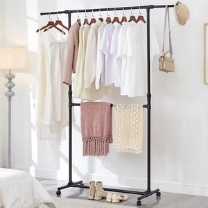Black Double Clothes Rail 2 Tier Adjustable with Wheels
