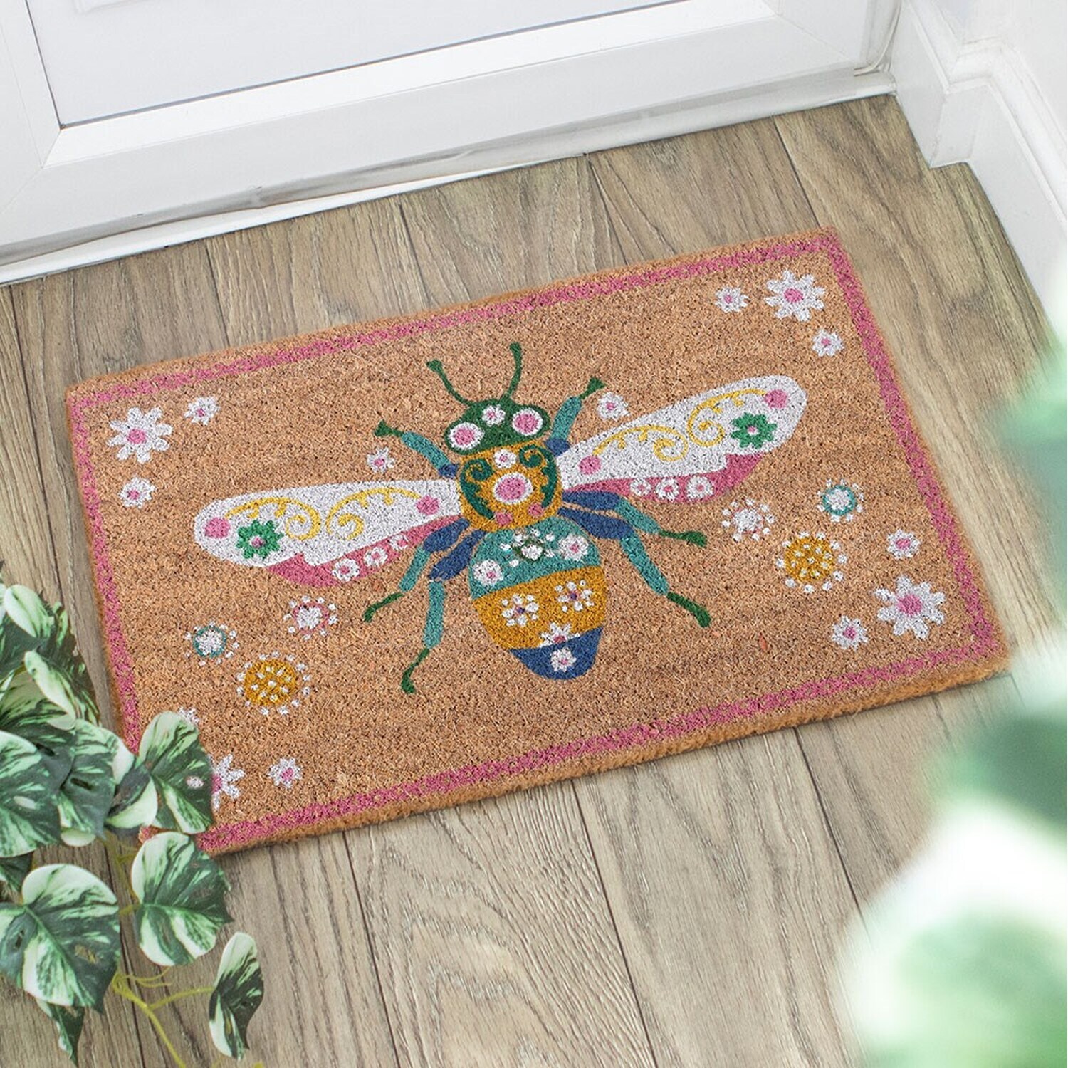Coir Floral Bee Doormat - 60cm