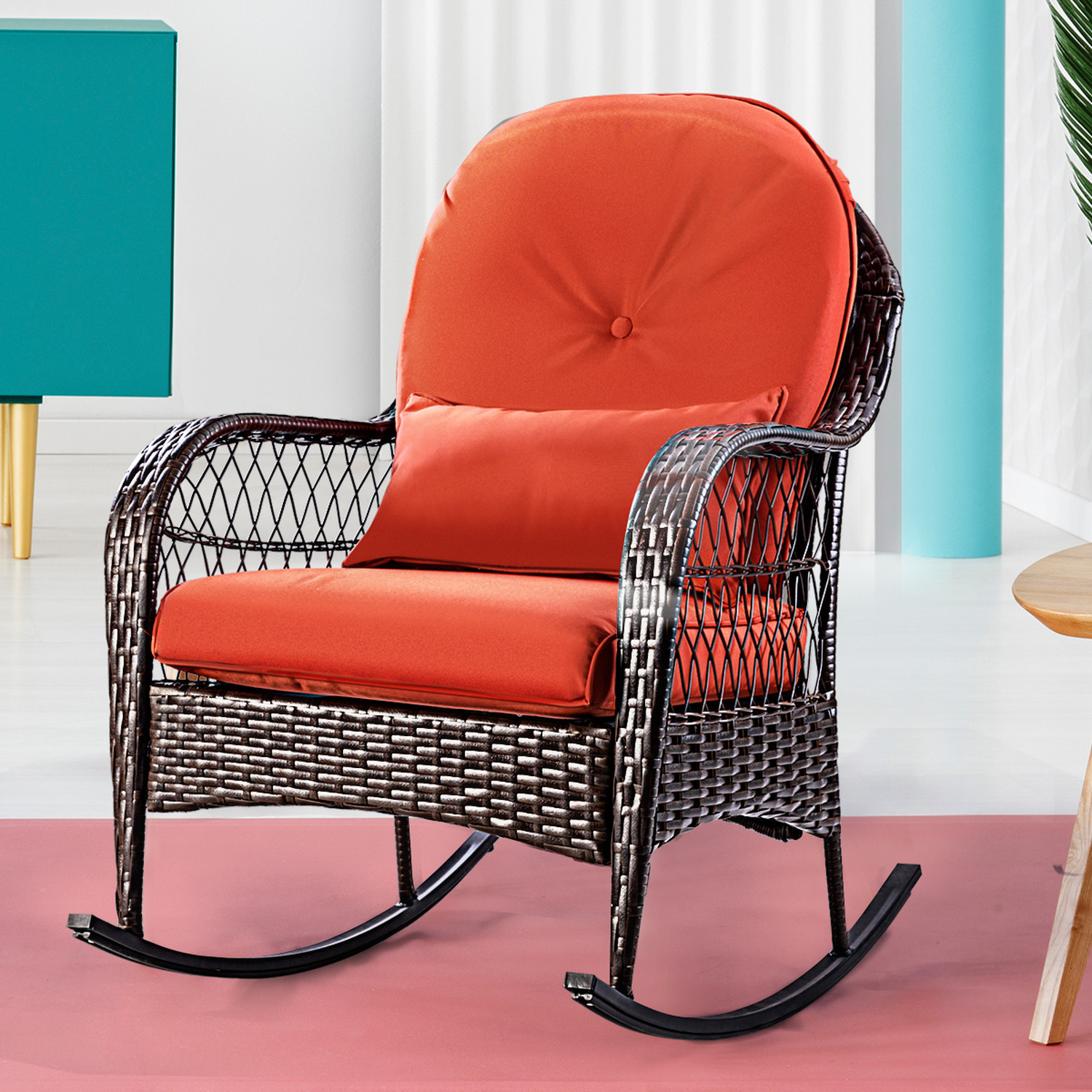 Costway Wicker Rocking Chair Porch Garden Wicker Rocker Patio Furniture - Red