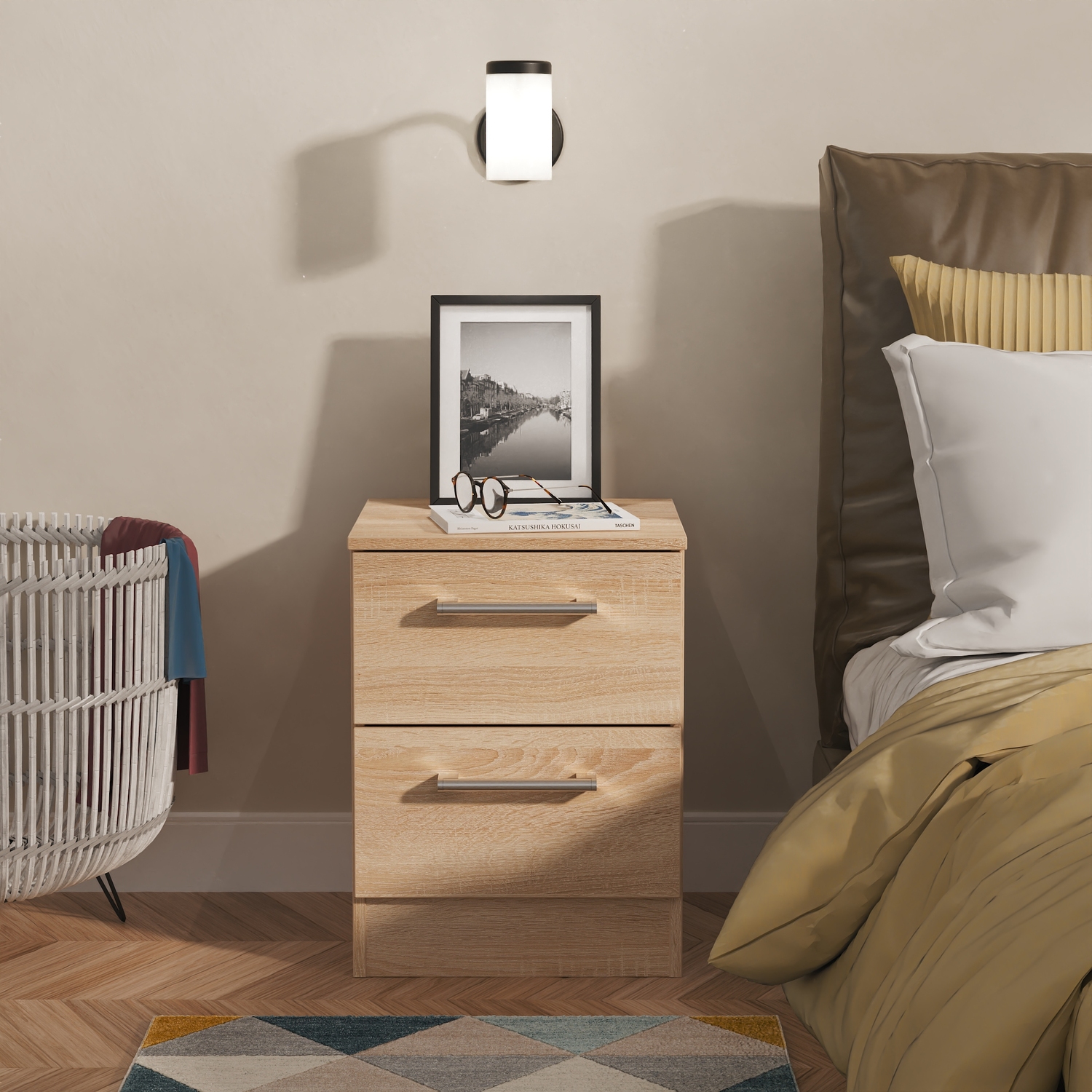 Devon Ready Assembled 2 Drawer Bedside Cabinet - Bardolino Oak