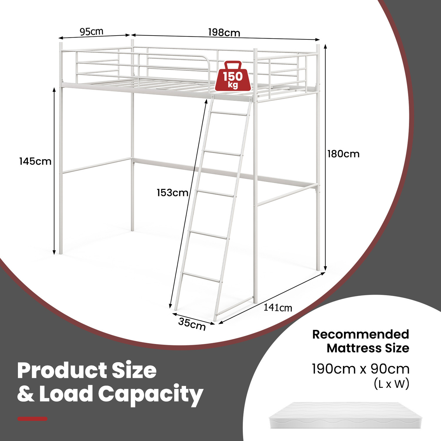Single Steel Loft Bed Space-saving Bed Frame High Sleeper - White