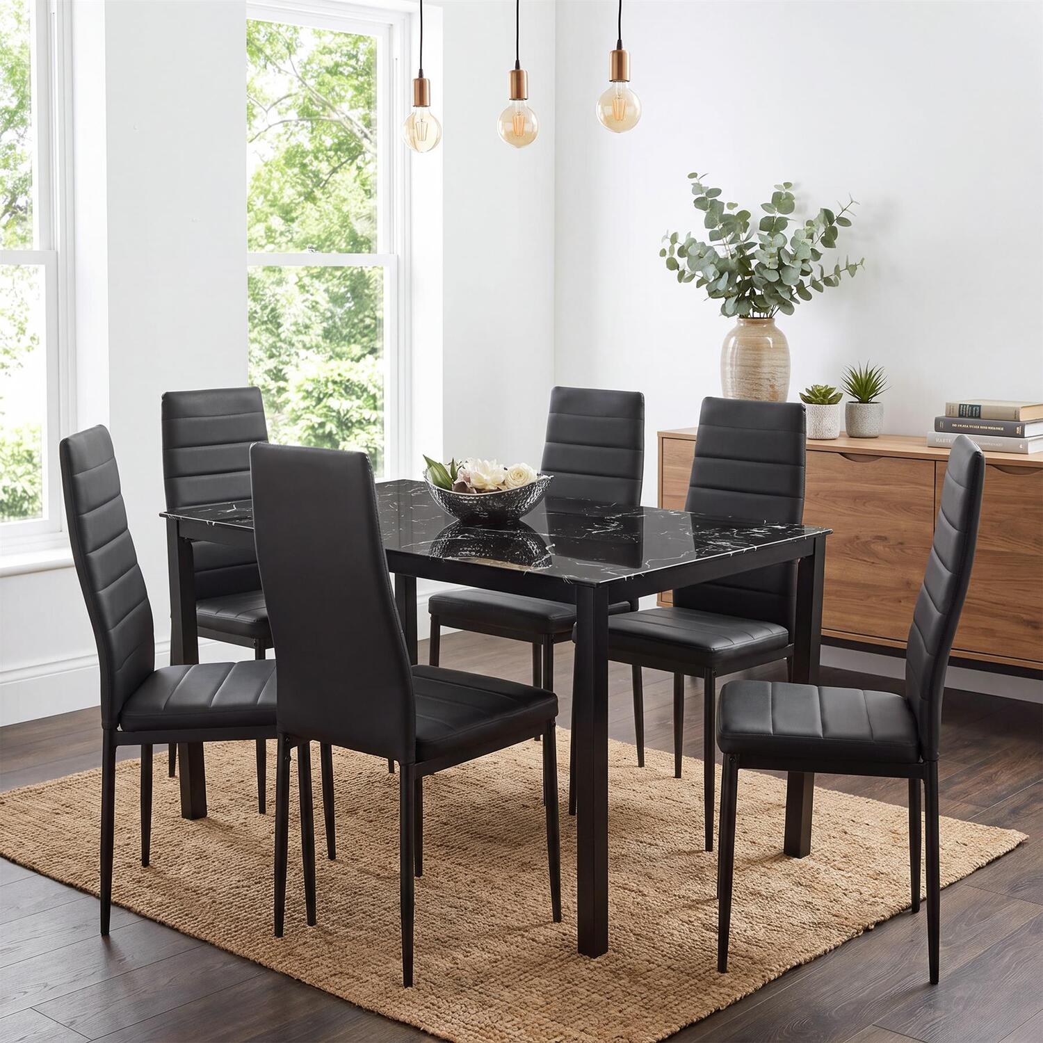 Kosy Koala Black Marble Effect Dining Table And 6 Chairs Set - Black