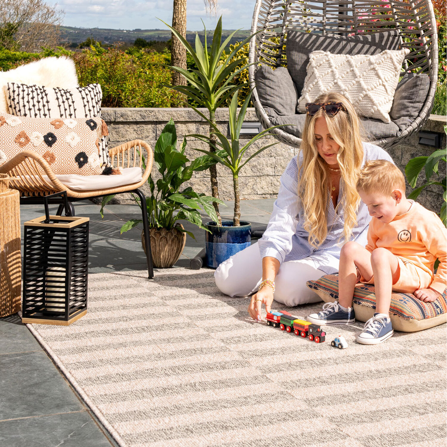 Grey Stripe Outdoor Rug - Souci - Silver Beige 230cm