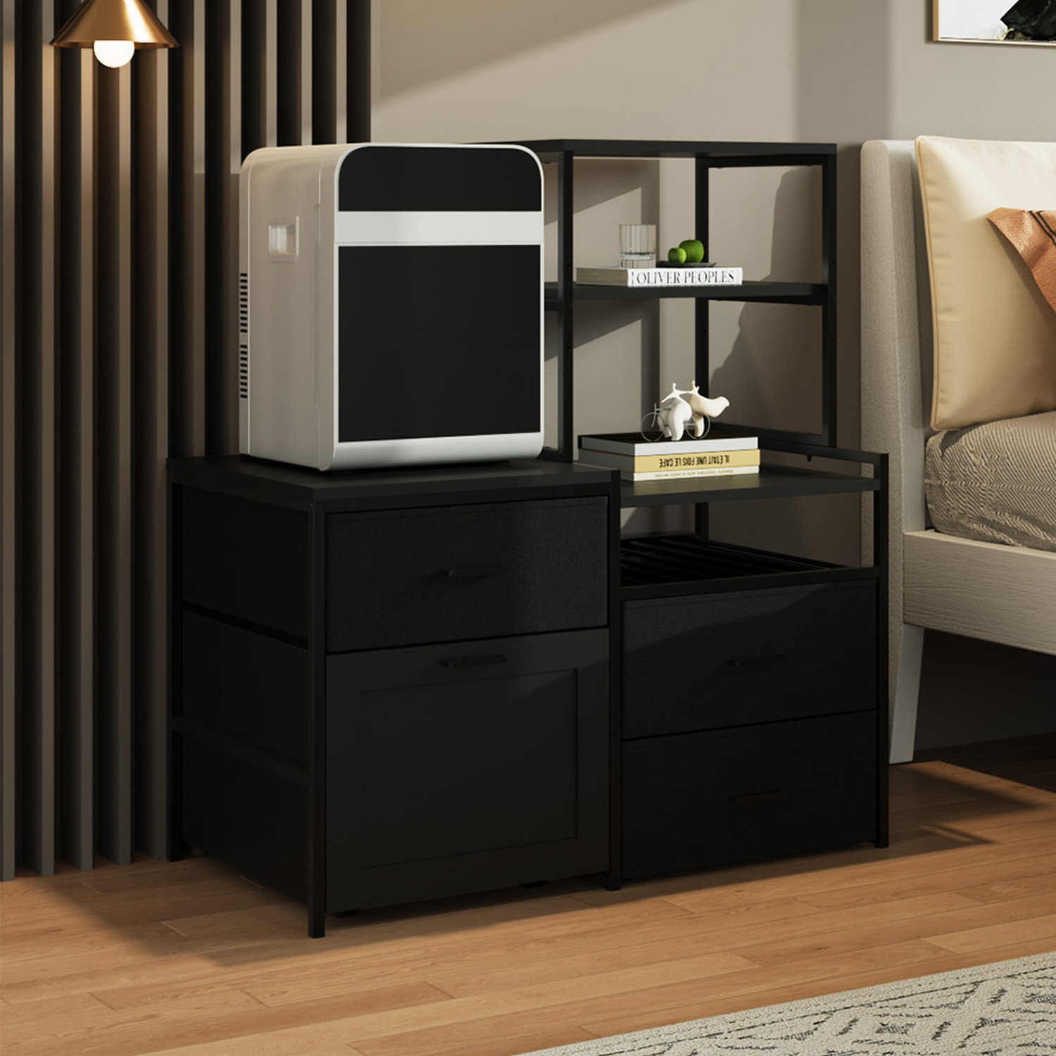 Mini Fridge Stand With Wine Rack And Power Socket - Black