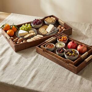 3 Piece Rectangular Wooden Serving Tray Set - Brown